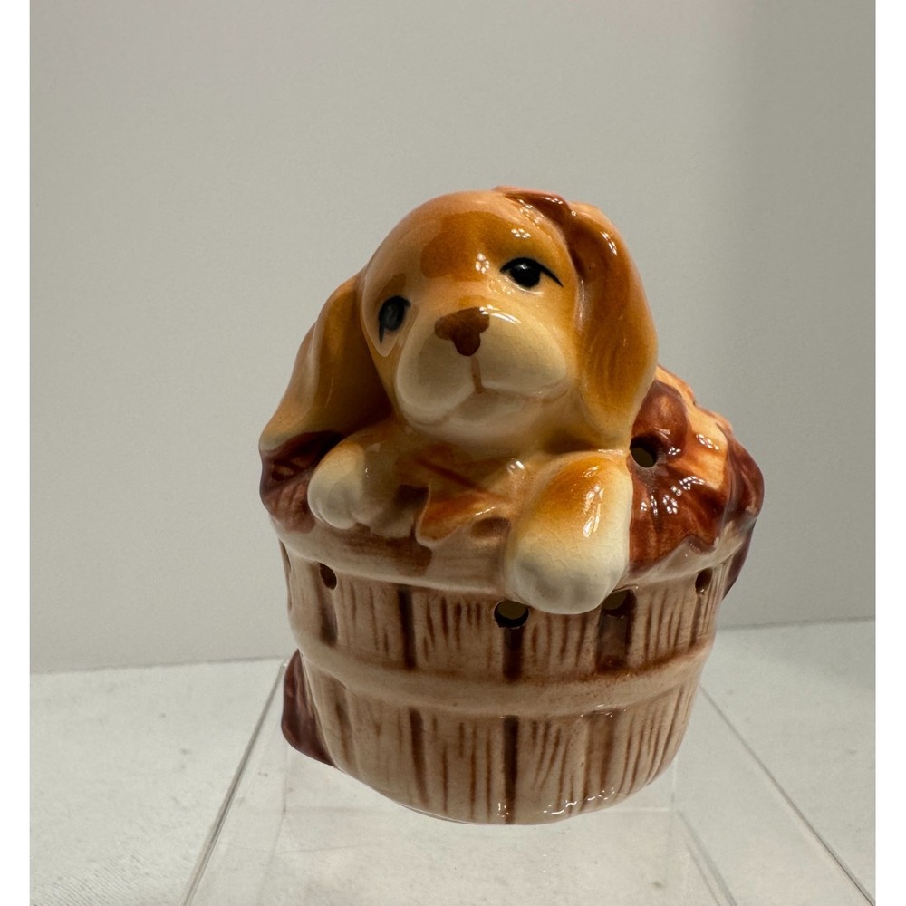 Puppy in Basket Pomander "Basket of Fun" Ceramic Scent Container 1984 VTG Avon